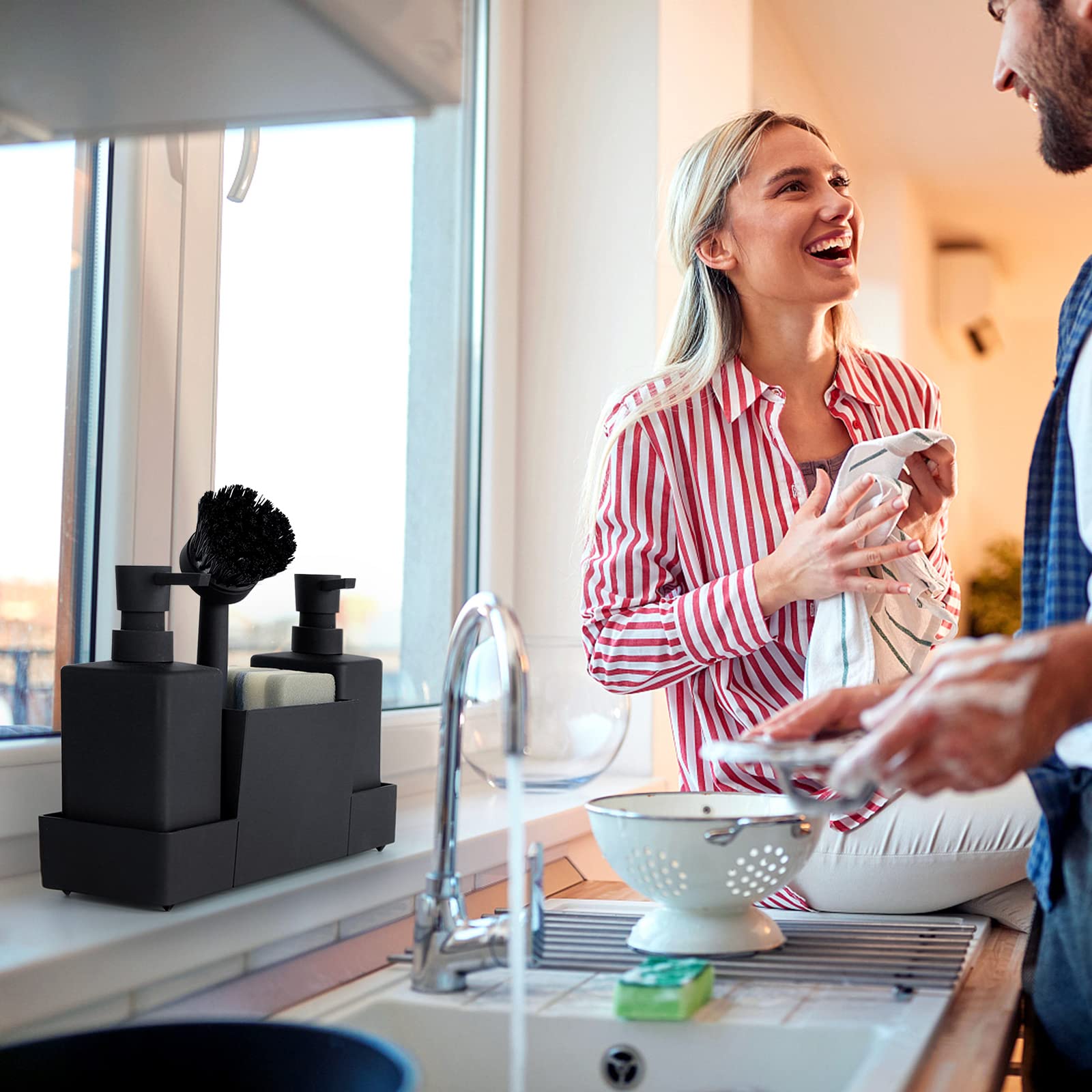 Kitchen Soap Dispenser With Sponge Holder Set For Sink Caddy, Hand Soap And Dish Soap Dispenser With Brush Matte Black